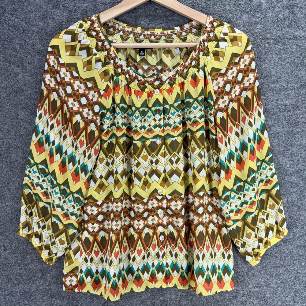 Rafaella Blouse Women S Small Yellow Geometric Long Sleeve Round Neck Casual